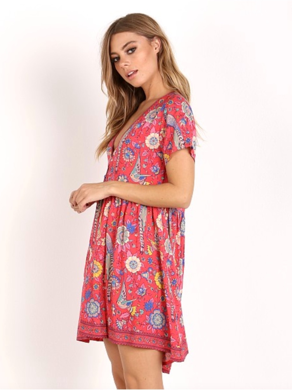 Spell & The Gypsy Lovebird Mini Dress Red Floral Bird Boho S